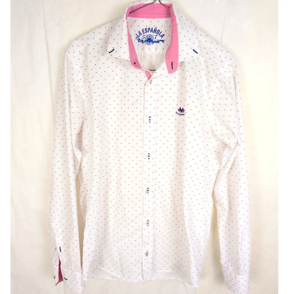 LA ESPANOLA white pink micro triangle button up shirt Size Med Preppy Coastal